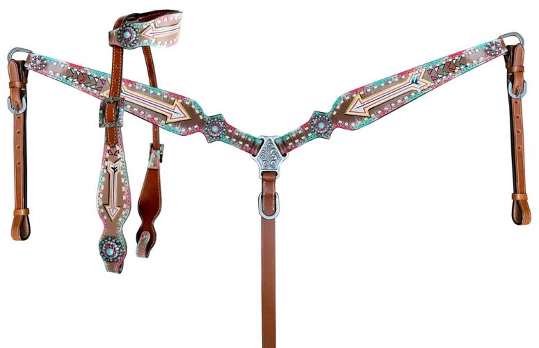 Showman Turquoise and pink inlay painted arrow design one ear headstall and breast collar set